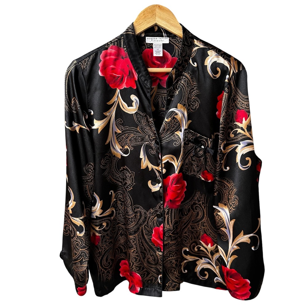 Morgan Taylor Blouse Top Intimates Black Satin Red Rose Gold Paisley Top Size XL